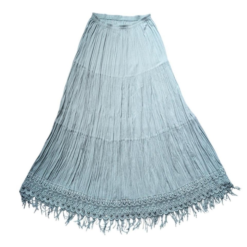 Vintage Y2K 90s Pastel Greyish Blue Lace Fringe Broomstick Tiered Maxi Skirt
